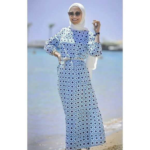 ZARA Print Dress Blue Geometry Print Long Sleeves - Picture 4 of 13